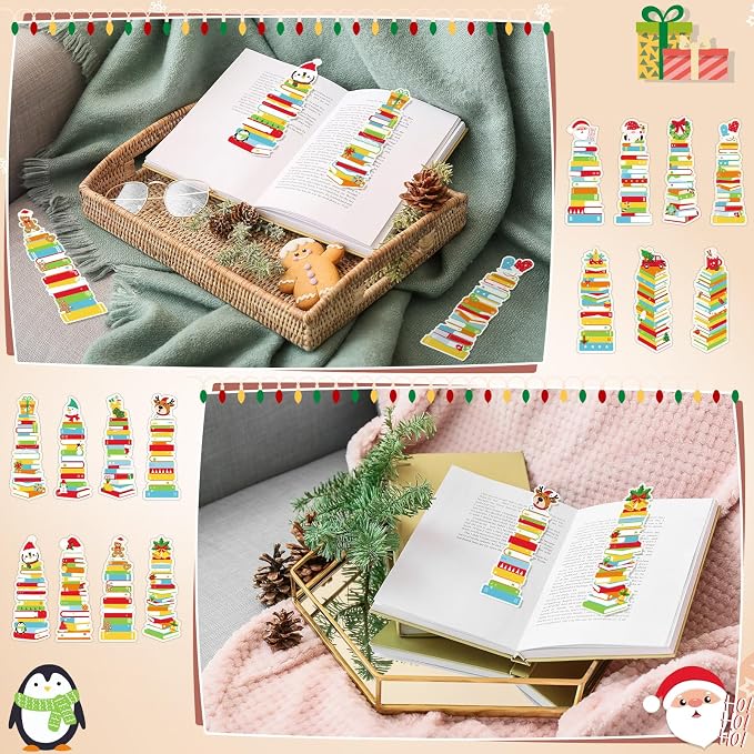 Kolldenn 150 Pcs Book Tracker Bookmarks Bulk 6.3 x 1.97 Inch Bookshelf Love to Read Bookmarks Paper Tracking Double Sided Reading Page Markers for Back to School Reading Lover(Classic Christmas)