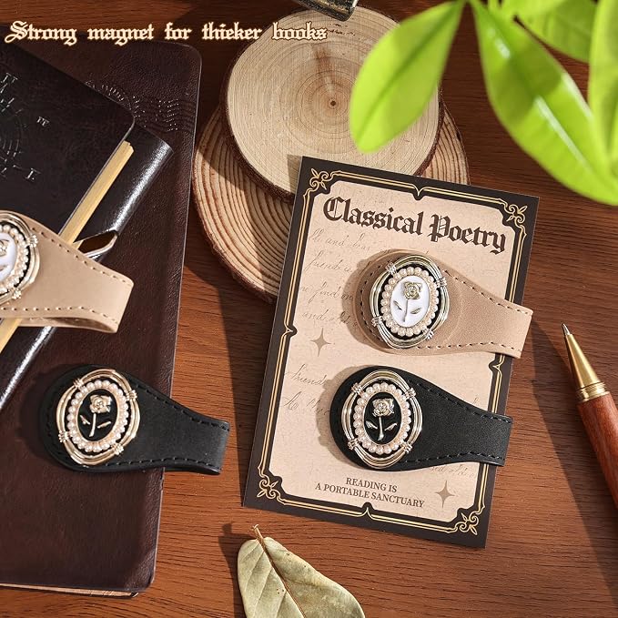 2PCS Magnetic Bookmarks with Pen Clip, Leather Bookmarks for Women, Magnetic Pen Holder Book Accessories, Gold Rose