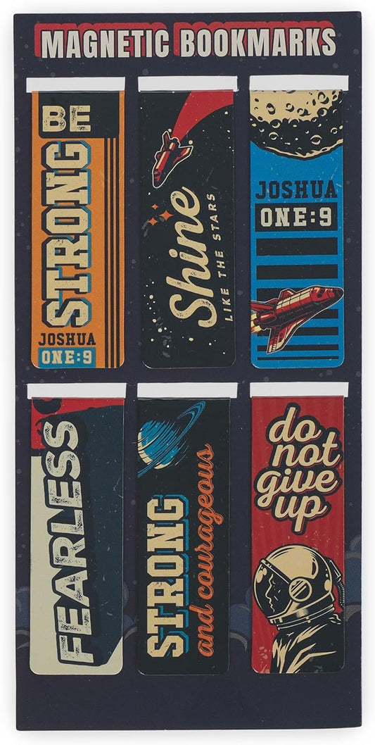 Christian Art Gifts Magnetic Scripture Bookmark Set for Boys & Girls: Strong & Courageous Bible Verse, Multicolor Outer Space Travel Theme, Books, Bibles, Notes, Refrigerators, 6 Piece Set 2.3" x 0.8"