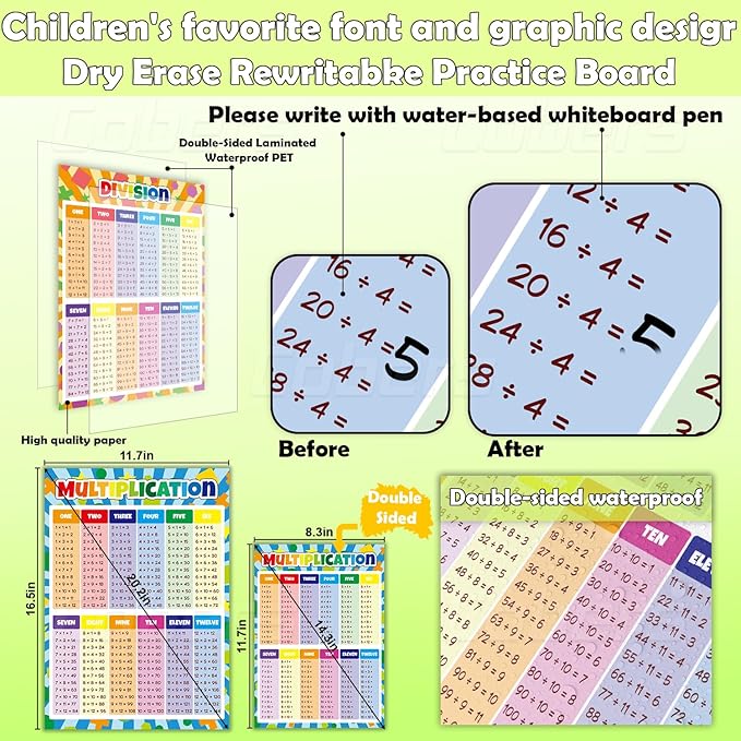 Cobers 16.5"×11.7" Multiplication and Division Table Math Poster, Elementary Education Poster, Classroom Teacher Supplies, Dry-Erase Learning Poster Set (Includes A4 Size Chart)