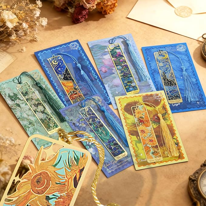 6-Pack Metal Bookmarks with Tassels, Golden Hollow-Out Oil Painting Theme Bookmarks | Book Markers for Reading, Gifts for Book Lovers, Writers, Readers, Adults, Teens & Women