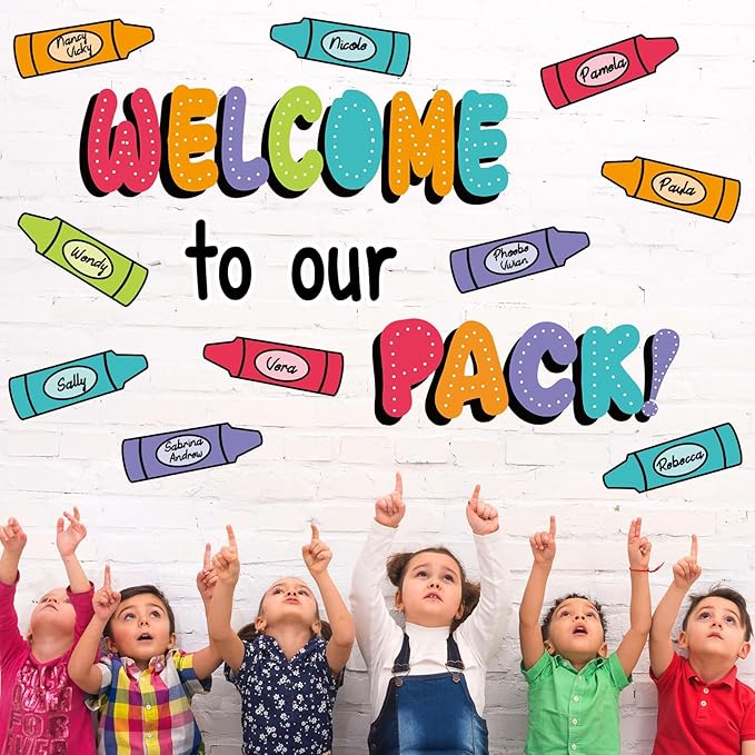 VABAMNA 63Pcs Classroom Bulletin Board Decorations Set - Welcome to Our Pack Crayon Cutouts with Border Trims for School Classroom Door Home Wall Decorations
