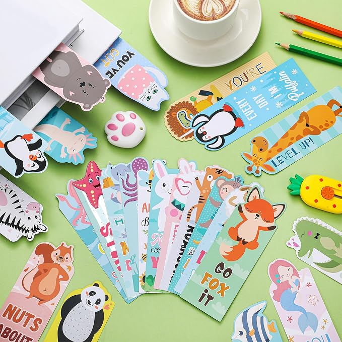 144 Pcs Bulk Animal Pun Bookmarks 2 x 6 Double Sided Page Markers with Funny Words Cute Assorted Forest Sea Animal Motivational Bookmarks for Kids Back to School Gifts Reading Birthday Teacher Reward
