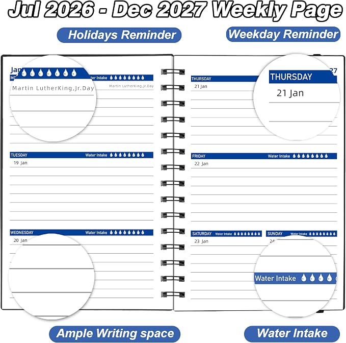 2026-2027 Weekly & Monthly Planner 5.6"x8.2", 18 Months Jul 2026–Dec 2027 Academic Agenda for School & Office, Waterproof PP Cover, Twin-Wire Binding, 100GSM Thick Paper, Black