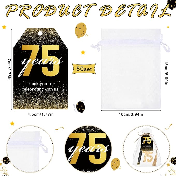 Spakon 25 Set 75th Birthday Party Favor for Guest Anniversary Party Favor Golden Birthday Bookmark Thanks Coming Pen with Tag Appreciation Gifts for Women Men Wedding Anniversary