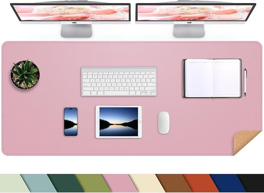 AFIING Leather Desk Pad Protector, Large Desk Mat with Natural Cork & PU Leather, Mouse Pad, Non-Slip, Waterproof Desk Writing Pad for Office and Home, Rose Pink