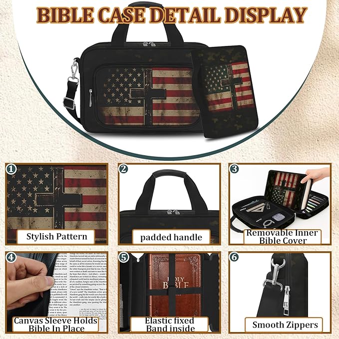 Flag Cross Large Bible Bag for Men with Bible Case, Bible Cover Study Supplies Journaling Kit Book Carrying Case with Highlighter Tabs, Christian Gift for Women Men - American Camouflage