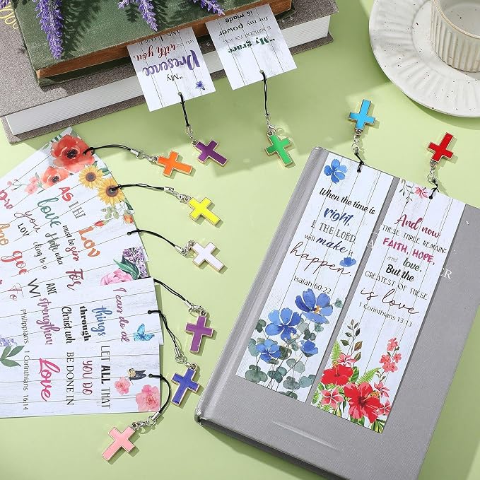 Gersoniel 30 Pcs Christian Bookmarks for Women Bible Verse Inspirational Scripture Bookmark Bulk Religious Page Marker with Cross Pendant for First Communion Mother Day Church Gift(Flower Style)
