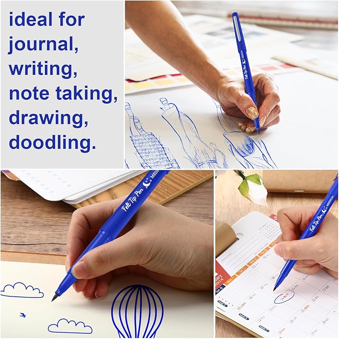 Fuyoooo 36 Pcs Dark Blue Felt Tip Pens 0.7mm Medium Point Felt Tip Marker Pens Bulk, No Smear, Quick Dry for Journaling Planner Writing Note-taking Art Office and School Supplies