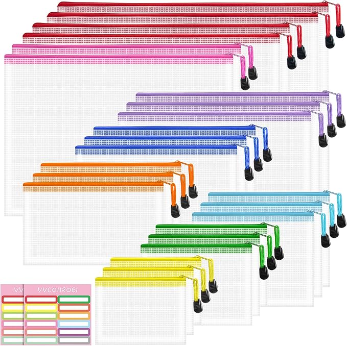 24pcs Mesh Waterproof Pouch Bags, 9 Sizes Clear Pouches, Organizer Bags with Zipper, 8 Colors for Travel & Toy Storage