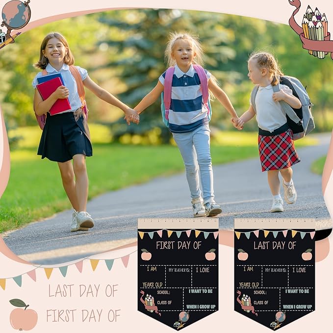First and Last Day of School Chalkboard Sign 13.8 x 10 Inch Reusable Double Sided First Day of School Sign for Graduation Kids Preschool Kindergarten (Flags Pastel Style)
