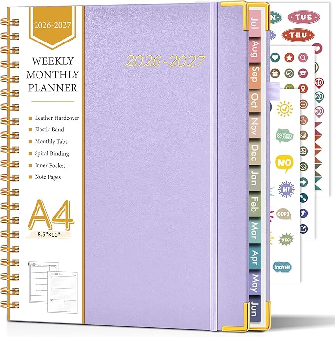 Academic Planner 2026-2027, Hardcover Leather Weekly and Monthly Calendar Planner from July 2026 - June 2027, A4 8.5" x 11" Daily Agenda with Tabs, College School Organizer for Student Teacher, Purple
