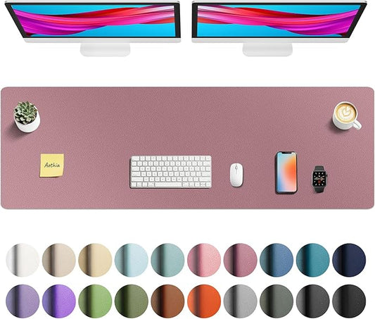 Aothia Faux Leather Desk Mat - Non-Slip PU Leather Desk Blotter, Waterproof Writing Surface, Large Desk Pad for Office & Home (Dark Pink, 55" x 17")