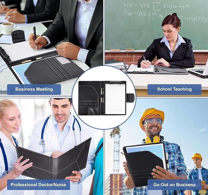 Clipboard Folder Portfolio,DIN A4 PU Leather Padfolio Clip Board,Magnetic Closure Business Clipboard with Cover Professional with 2 Pen,A4 Paper for Interview Resume Office Conference,Black