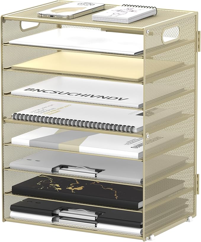 DALTACK 9-Tier Paper Organizer for Desk, Mesh Letter Tray Desk Organizer with Handles, Space-Saving File Organizer for Office Home School, Golden Yellow
