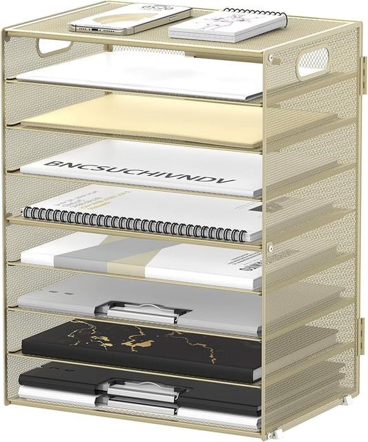 DALTACK 9-Tier Paper Organizer for Desk, Mesh Letter Tray Desk Organizer with Handles, Space-Saving File Organizer for Office Home School, Golden Yellow