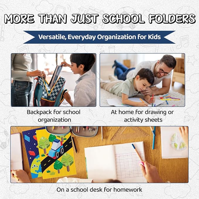 8 Kids Pocket Folders - Homework Folders in Futuristic Robots, Spaceships and Blocks Themes - Kids Folders with Pockets -8 Unique Designs in Front and Back Cover- 2 x 9.25 inch (8 Pack)