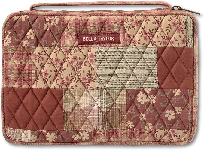 Bella Taylor Small Bible Cover for Women - Quilted Cotton Bible Case for 6 x 9 inch Books - Burgundy Patch