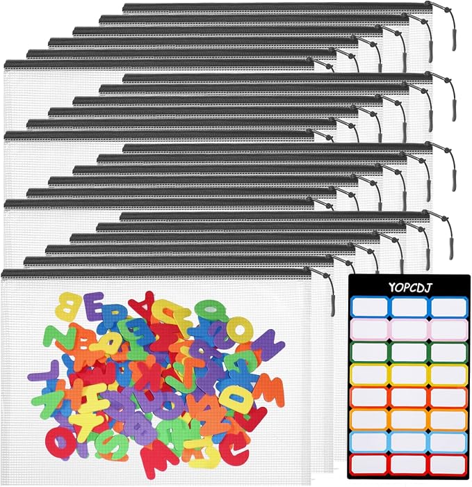 YOPCDJ 24pcs Mesh Zipper Pouch Bags, A5 9.4 x 6.9 Inches Reusable Zipper Bags Puzzle Storage Organizer Black Multipurpose for Travel Board Games Toys Office Supplies and Classroom Organization
