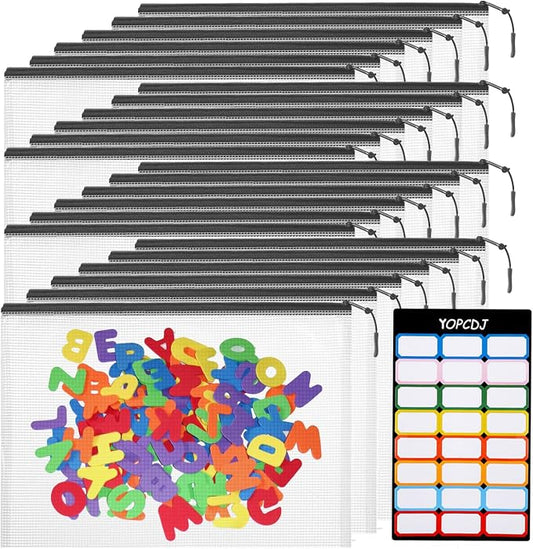 YOPCDJ 24pcs Mesh Zipper Pouch Bags, A5 9.4 x 6.9 Inches Reusable Zipper Bags Puzzle Storage Organizer Black Multipurpose for Travel Board Games Toys Office Supplies and Classroom Organization