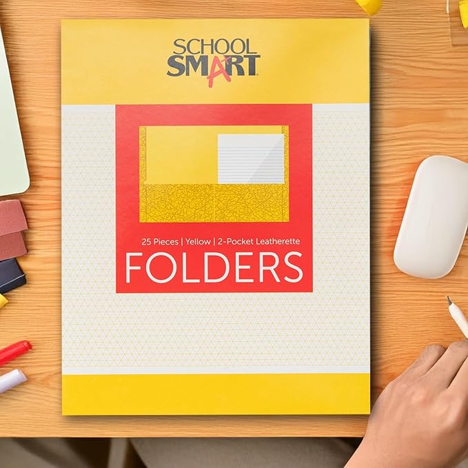 School Smart Extra-Large Folders with Pockets, 9 x 12 Inches, Yellow, Pack of 25