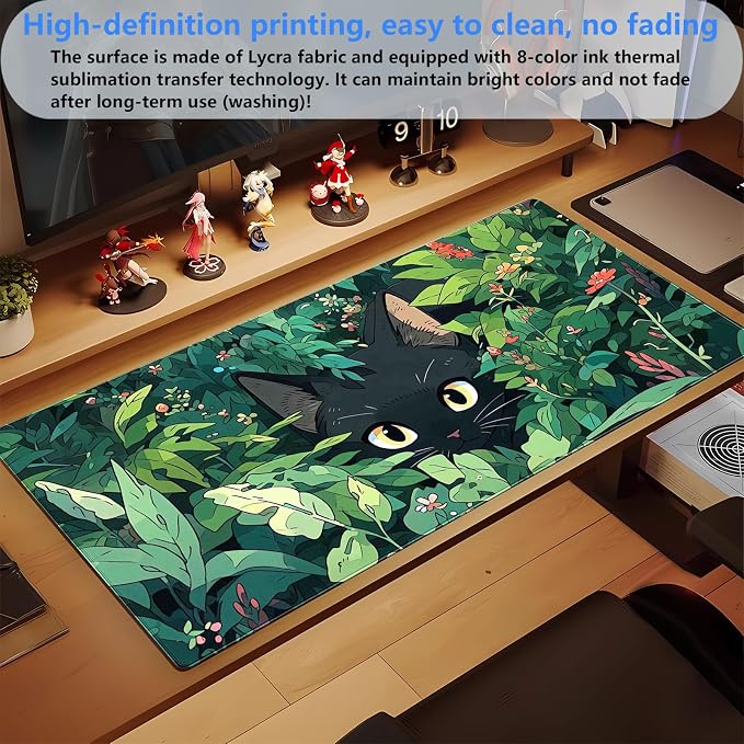 Black Cat Mouse Pad Green XL 31.5 x 15.7 in | Cute Gaming Mousepad, Kawaii Computer Mat, Full Desk Mouse and Keyboard Pad, Stitched Edge, Anti-Slip Washable