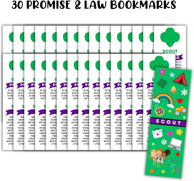 Scout Promise and Law Bookmark Colorful 30pk 2x6” Bridging Ceremony Gifts for Troop Leaders Cookie Award Pledge Cookie Tracker Supplies