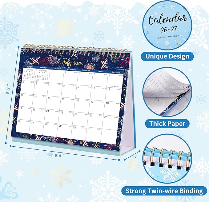Desk Calendar 2026-2027 - Standing Flip 2026-2027 Desktop Calendar, Jul.2026 - Dec.2027, 9.8" x 8.3", 26-27 Academic Calendar with Julian Date, Standing Flip - 12 Different Themes