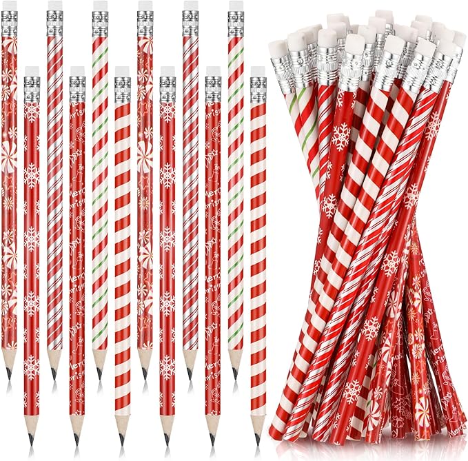 Watersay 60 Pcs Christmas Pencils with Eraser Xmas Wood Pencils Bulk Stationery Pencil Reward Christmas Party Supplies(Candy Cane)