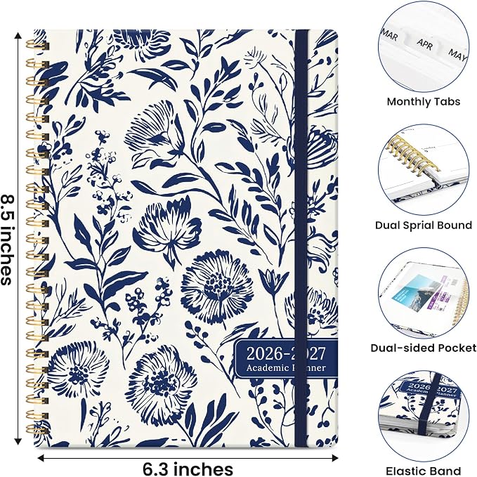 Planner 2026-2027, Monthly and Weekly Calendar Academic Planner July 2026 - June 2027, Hardcover Student Teacher Planning Agenda Book with Tabs, Perfect for Office School Supplies, A5 (6.3" x 8.5") - Blue Filigree