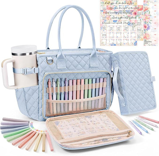 Large Bible Bag with Bible Cover Case for Women, Quilted Church Tote Bag Carrying Case w/Shoulder Strap, Bible Study Supplies Journaling Kit Accessories, Christian Gift for Women Mom Friends Teacher