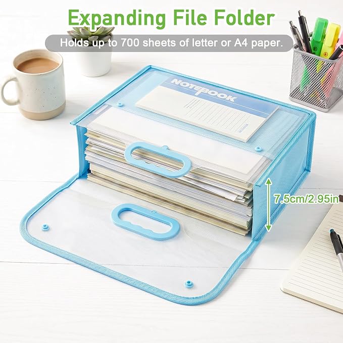 SAYEEC Plastic Expanding File Folder Portable Folders with Handle Transparent File Folder Organizer Large Capacity Document Organizer Briefcase Storage Bag for Office Home, Fit Letter/A4 Size (2 Pack)