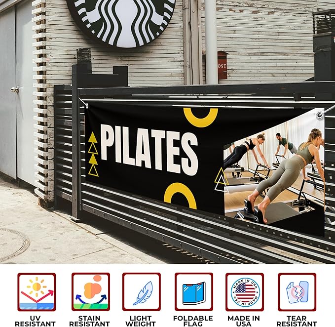 Pilates Large Banners and Signs for Outdoor by Mavis Printing-Polyester Banner with 4 Holes for Easy Hang Indoor & Outdoor|4x1 Feet HD Banner to Promote Church| Made in USA