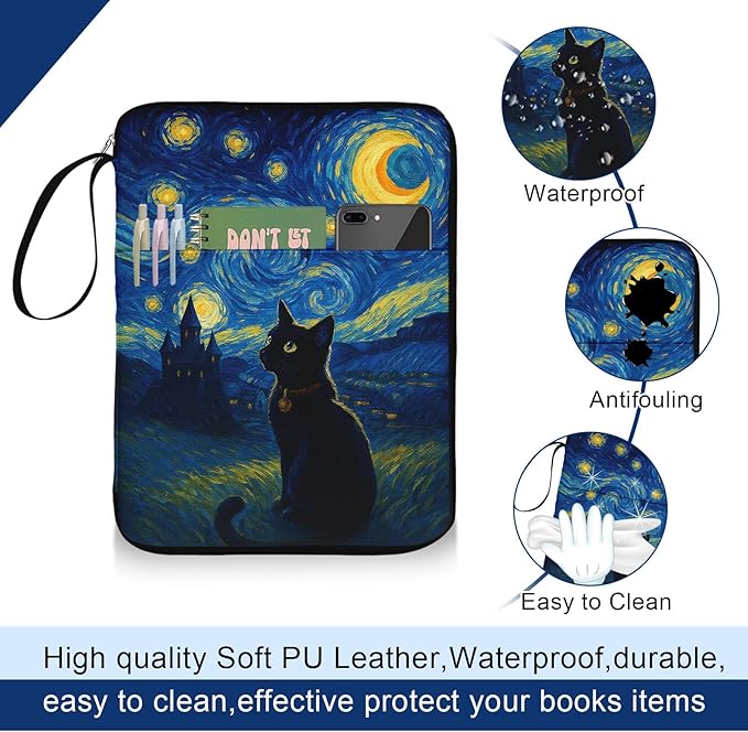 Black Cat Book Sleeve for Book Lovers, Paperback Book Protector Case, PU Leather Waterproof Book Pouch with Zipper, Printed Book Carrying Case for Hardcover, Book Cover for Women Teacher Gifts