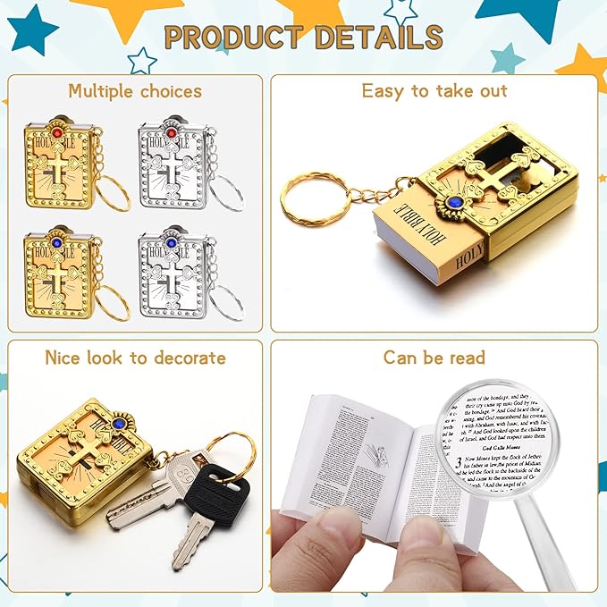 16 Pieces Mini Bible Keychain Small Holy Bible Key Ring Religious Jesus Keychain Souvenir Christian Present for Baptism, Church, Communion with Magnifying Glass, 4 Styles(Stylish Style)