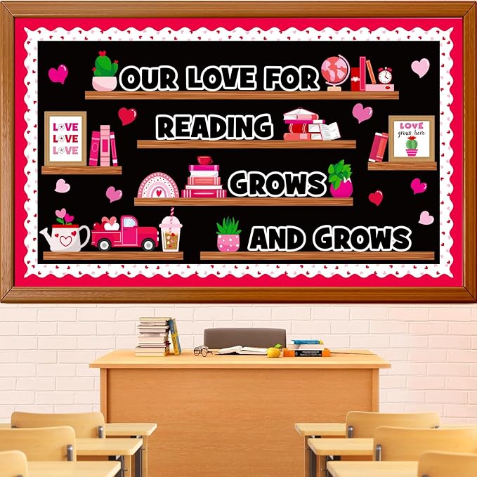 Valentine's Day Reading Bulletin Board Decoration Set, Valentines Day February Library Classroom Decorations Love Heart Book Plant Cutouts School Nursery Home Window Wall Door Decor for Teacher