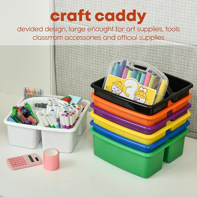 ALINK Plastic Classroom Caddy Organizer with Handle, 6-Pack 3 Compartments, Teacher Supply Storage Caddy for Classroom Organization, Table, Desk, Office, Craft Art for Kids - White