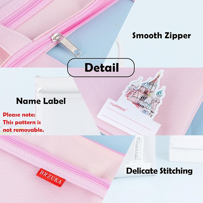 Mesh Zipper Pouch 11x13.7 in, A4 Double Pocket Waterproof File Bag with Handle, Document Storage for School/Travel/Office/Cross Stitch/Puzzle (Pink)