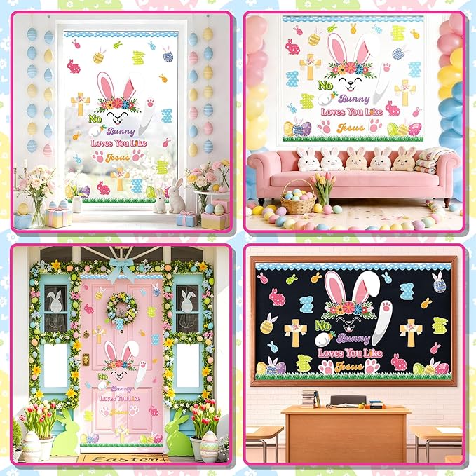 109Pcs Easter Bunny Christian Cross Bulletin Board Set No Bunny Loves You Like Jesus Eggs Cutouts Spring Rabbit Religious Bulletin Board for Bible Sunday School Chalkboard Church Wall Door Decor