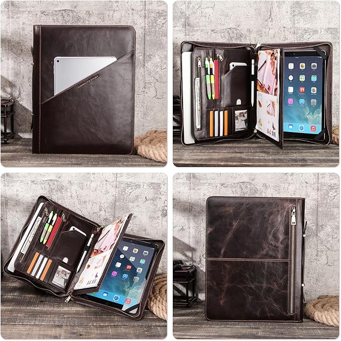 Top Grain Leather Text Custom Padfolio/Portfolio for Men & Women, Handmade Vintage, Multi-Functional Business Portfolio Organizer, Compatible with Cards/iPad Mini/Pen/A4/A5 Size Document