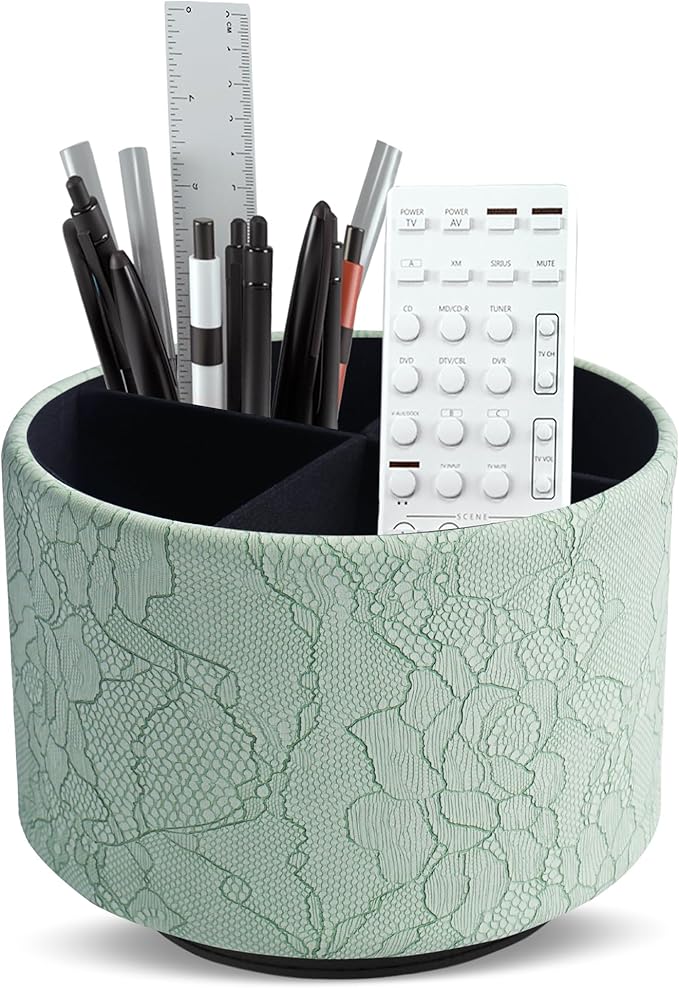 Round Leather Art Supply Organizer,Remote Control Holder,360 Degree Spinning,Multi-Functional Pencil Holder,4 Compartments Desktop Stationary Organizer(1-Lace Flower Green1)