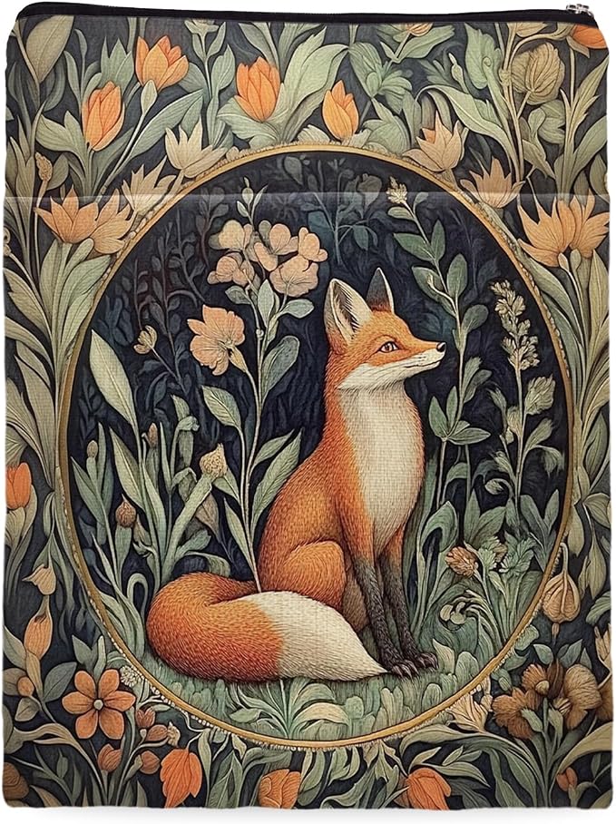 Vintage Flower Fox William Morris Book Sleeve for Book Lovers, Bookish Book Protector with Zipper, Washable Fabric Book Cover for Paperbacks & Hardcovers,11.4 x 9.1Inches (Orange Flower-Fox, Medium)