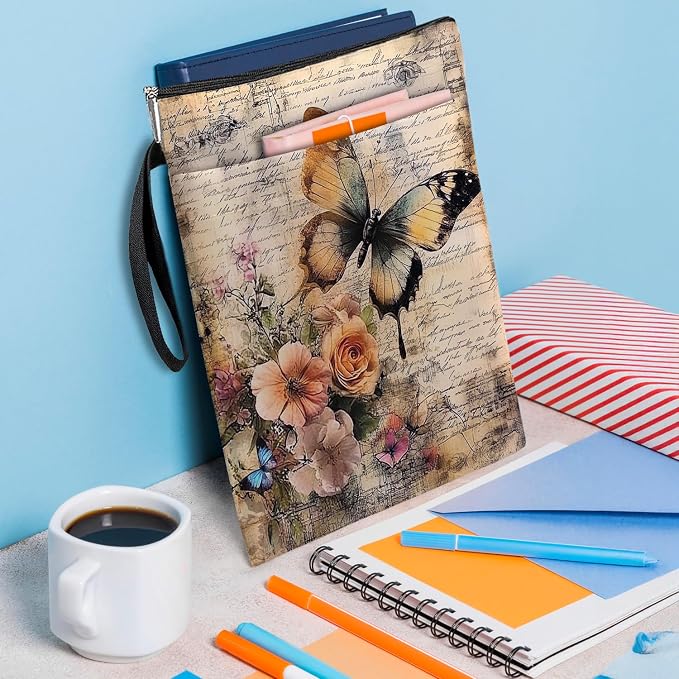 Vintage Floral Butterfly Book Cover, Waterproof Book Sleeve with Zippered Front Pocket Retro Flowers Book Pouch for Book Lovers, Christmas, Birthday, Graduation Gifts (Butterfly, Large)