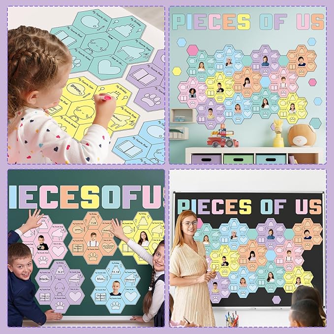 QOUBAI Hexagon Pieces Bulletin Board Set Pieces of Us Classroom Bulletin Board Decorations All About Me Cutouts Classroom Decorations for Back to School Office Home Chalkboard Decor Wall Door
