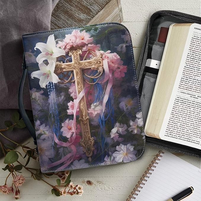 Cross Flower Bible Covers for Women Large Size PU Leather Bible Carrying Case Multi-Purpose Bible Tote Bag with Handle Easy to Store