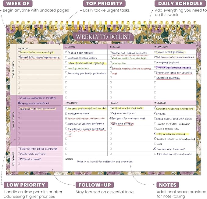 Weekly To Do List Notepad with 52 Undated Sheets（8.5"×11"）- Undated Weekly Planner Notepad for Office Desk Accessories and Supplies - Twilight Garden