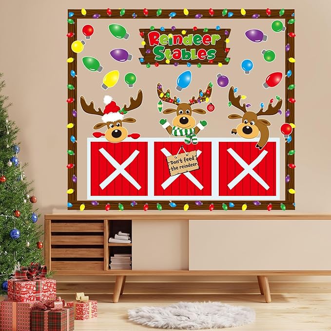 Christmas Bulletin Board Decorations Set Xmas Reindeer Stable Classroom Decor Xmas Bulb Elk Paper Cutouts with Borders for Door Wall School Classroom Winter Holiday Party Supplies
