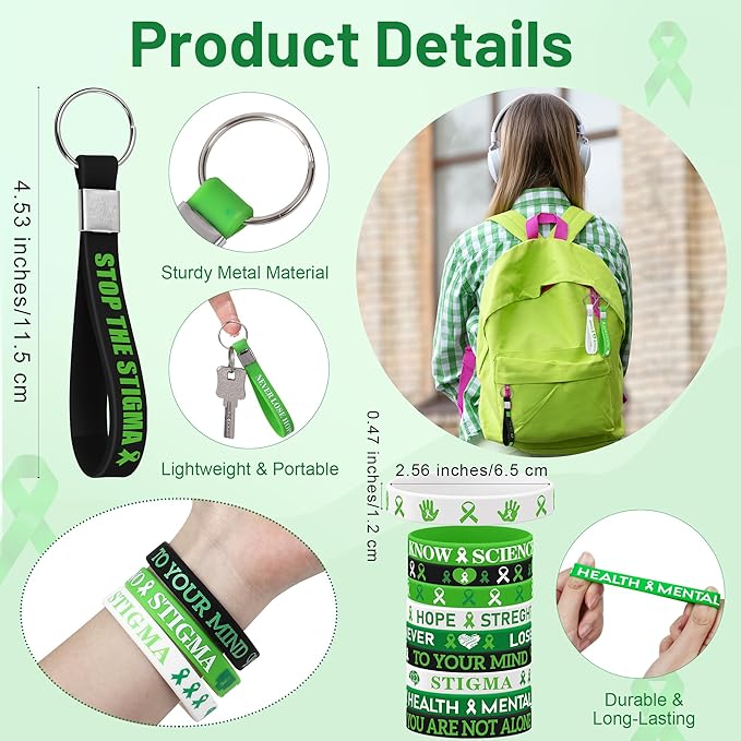Aodaer 181 Pieces Mental Health Awareness Set Includes Silicone Bracelets, Badge Brooches, Green Ribbon Pens, Keychains, Mini Notebooks, Stickers, Mental Health Awareness Items for Adults Teens Gifts