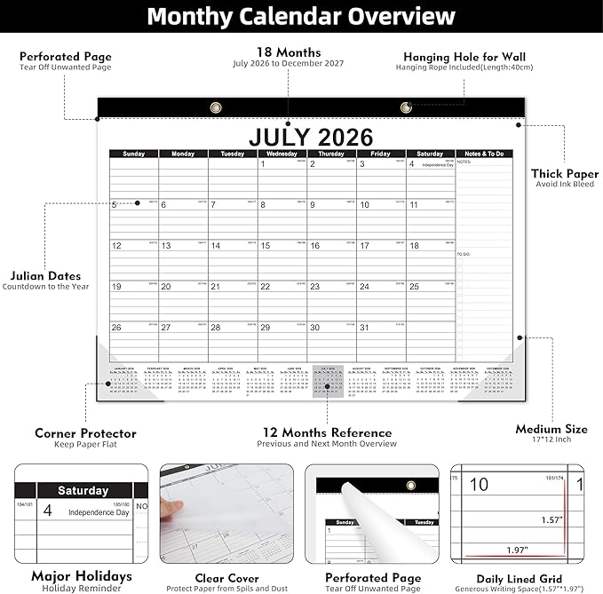 Tcamp Desk Calendar 2026-2027, 18-Month Calendar from July 2026 to December 2027, Large 17" x 12" Monthly Desktop & Wall Calendar for Home & Office