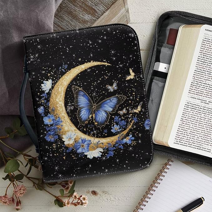 Purple Butterfly Bible Bag Bible Carrying Case for Women Moon Print Bible Cover Vegan Leather Carrying Book Case Christian Gifts for Women Size：L